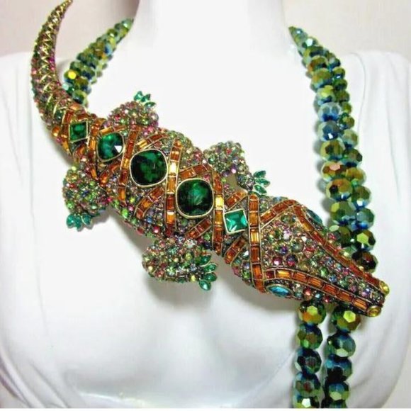 Signed Heidi Daus Alligator Rhinestone Necklace Long Glass Beads New Without Tag - Picture 2 of 5